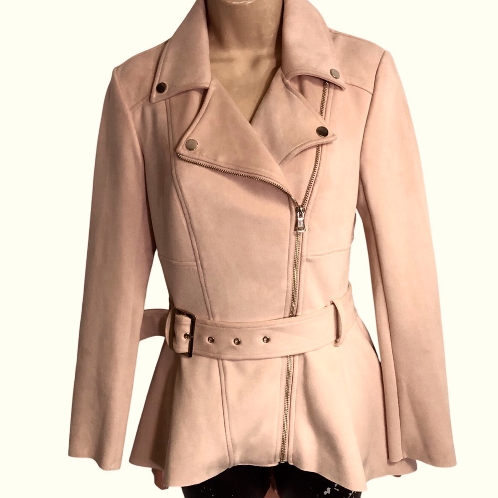 Bebe Moto Vegan Leather Belted Light Pink/Salmon Biker Jacket sz XXS +++ larger